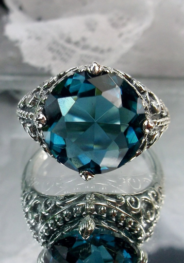 London Topaz Ring/7Ct Round Cut Faceted Blue Solid Sterling Silver Gothic Lace [Made To Order] Design#89