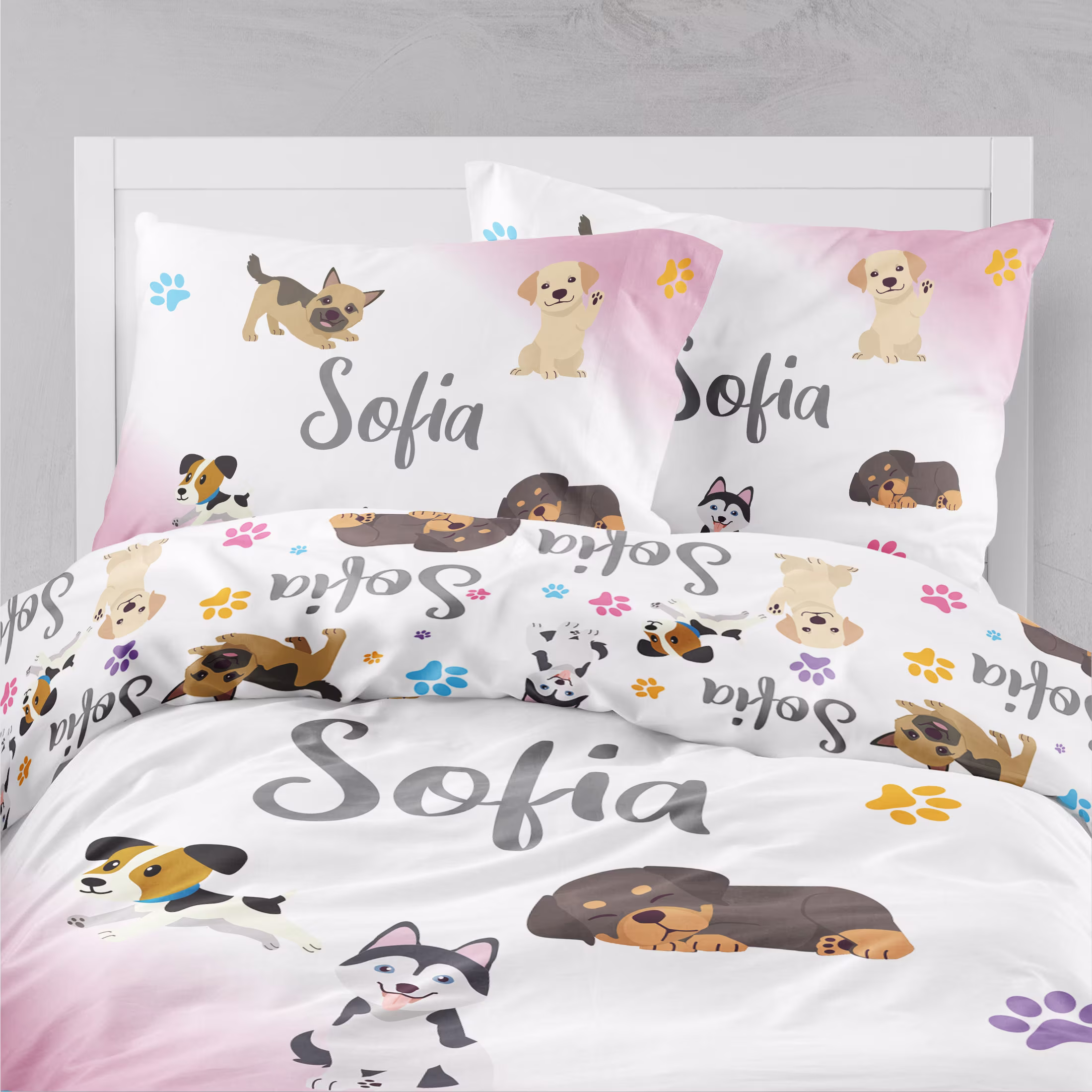 Puppies Girl Bedding Set, Dogs Twin Puppies Toddler Bedding, Duvet Cover, Sheet Dogs Set