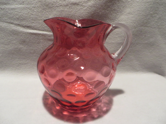 Antique Cranberry Thumbprint Glass Pitcher With Clear Handle