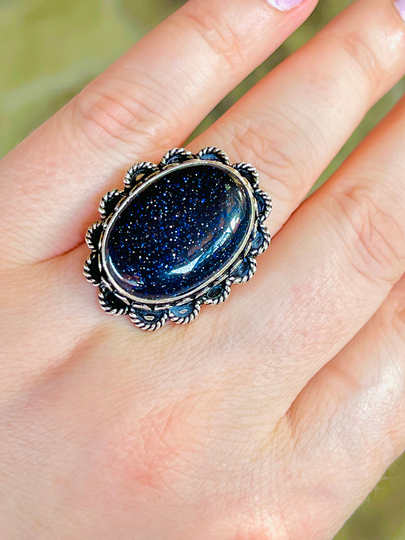 Blue, Sandstone, Ring, in Oxidized Silver, Size 8