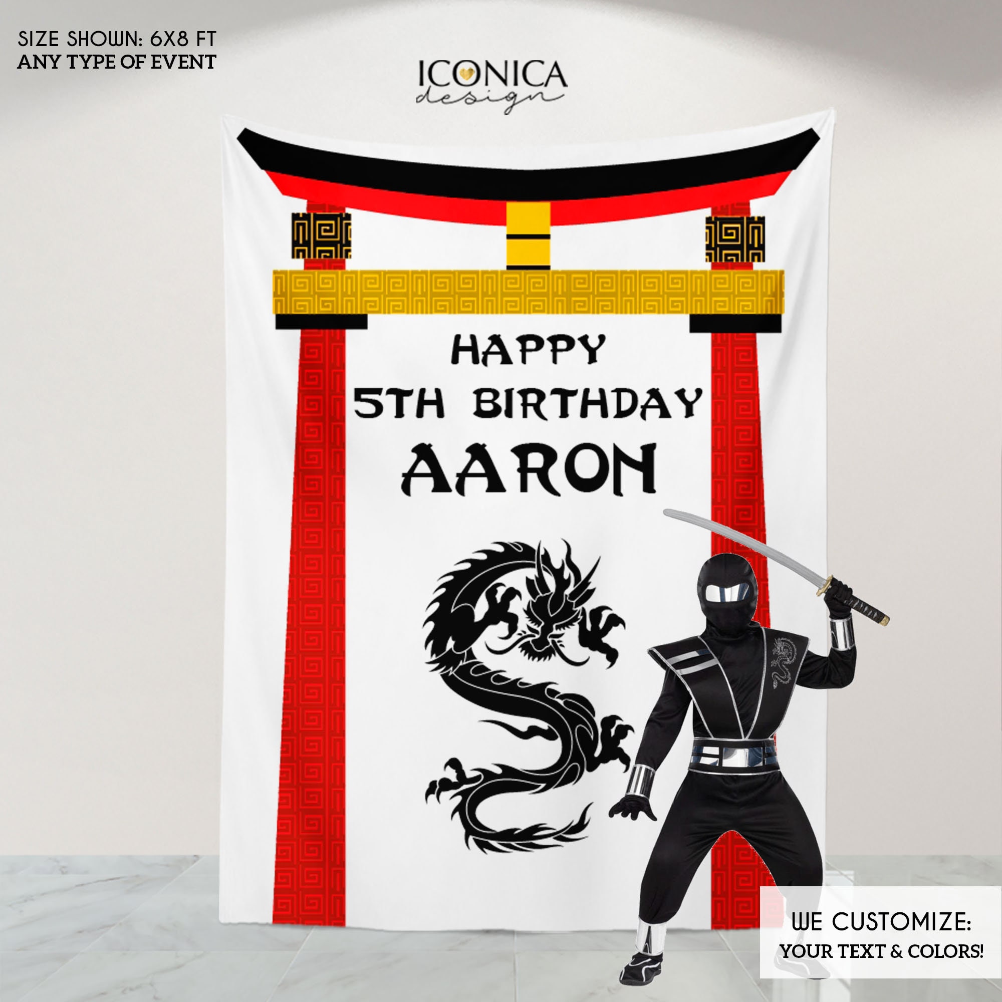 Ninja Backdrop, Birthday Party Temple Backdrop, Dragon First Party, Banner, Birthday, Bbd0048