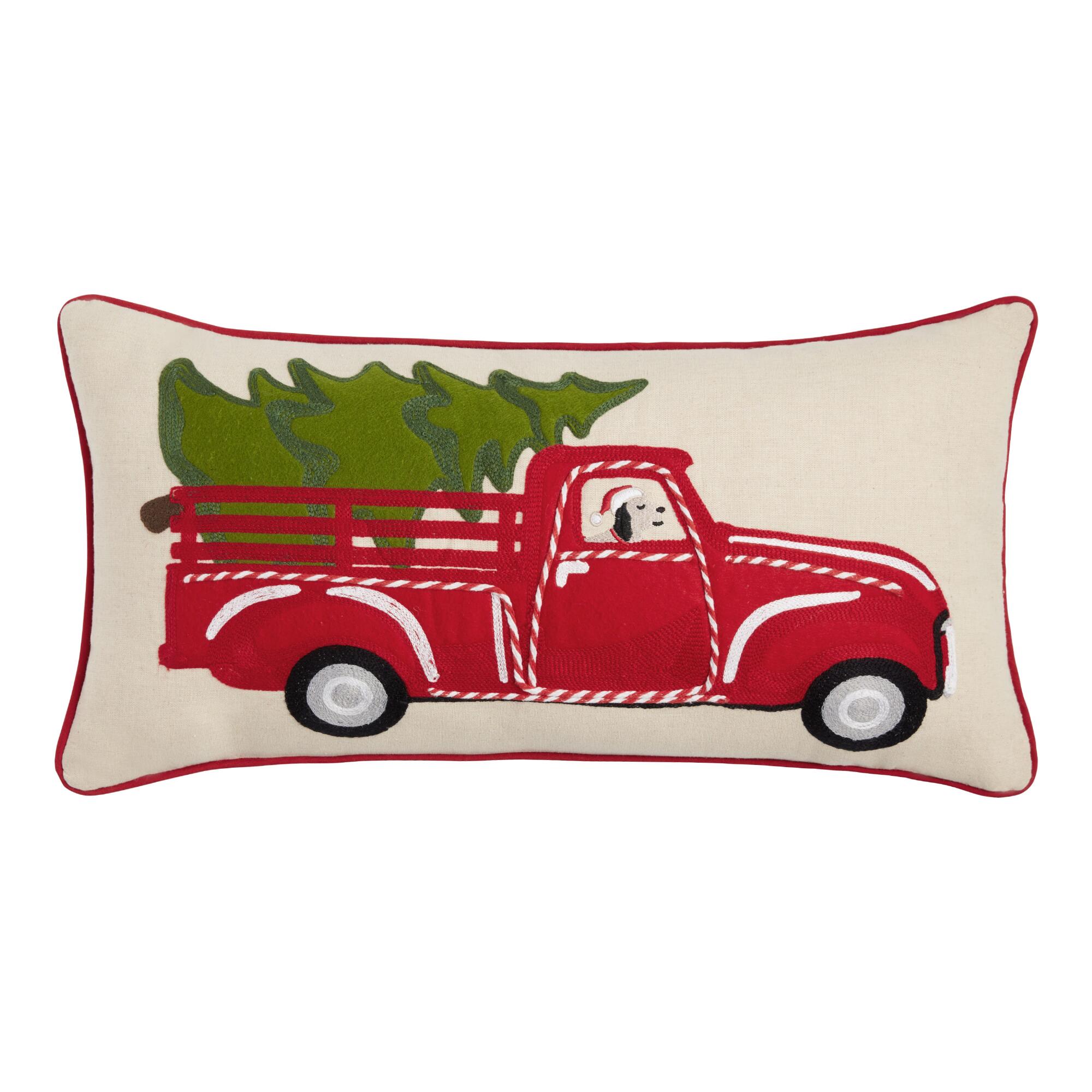 Dog With a Red Truck Lumbar Pillow: White - Polyester by World Market