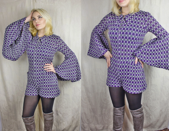 Short Vintage Style 60S Crochet Fabric Handmade Romper, Purple & Gray 70S Groovy Romper