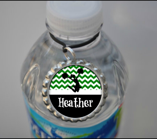 Personalized Hunter Green Chevron Cheer Water Bottle Tag, Water Bottle, Plain Or Glitter, Custom Drink Tag, Bottle Label
