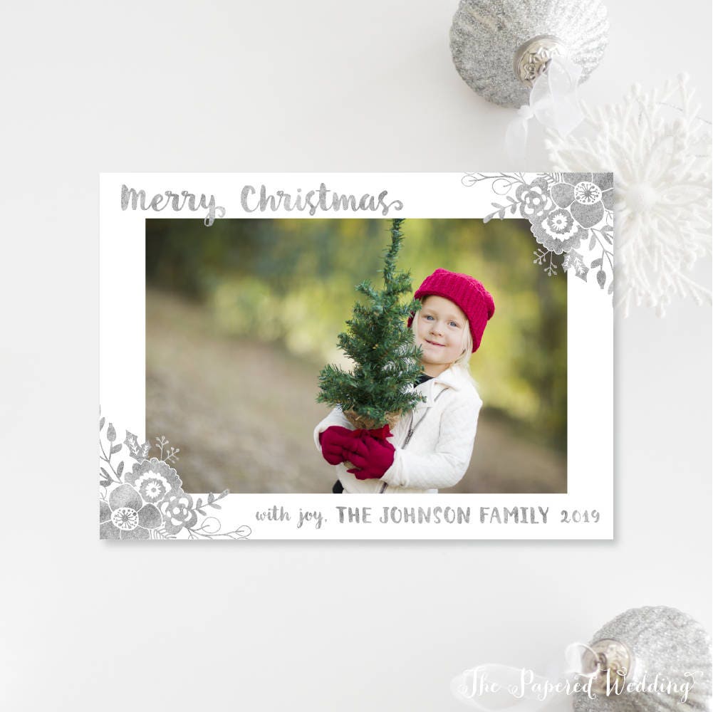 Printable Or Printed Silver Floral Christmas Cards - Faux Foil Flower Merry Photo Landscape Card 021 P1