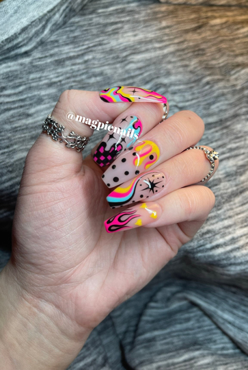 Mastermind | Pale Pink Press On Nails With All Handpainted Swirl, Flame, Checkerboard & Slime Accents Goue On Fake Blue