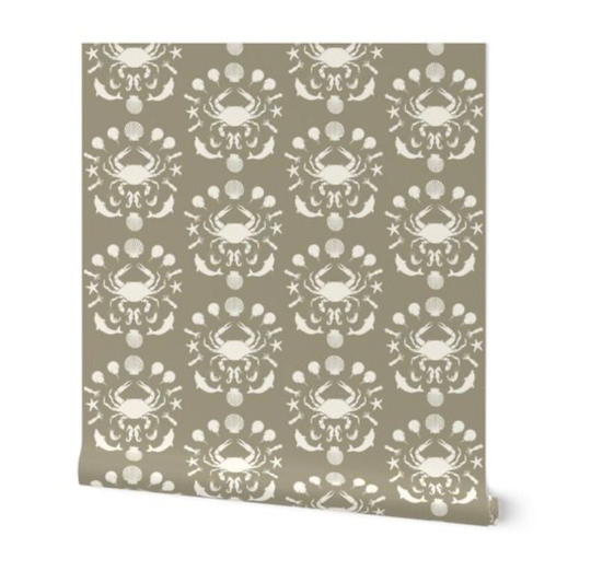 Seafood Toile Wallpaper - Small Scale Taupe & Ivory