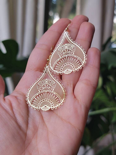 Mandala Earrings, Ethnic Large Gold Big Stainless Steel, Boho Statement, Lotus, Heart