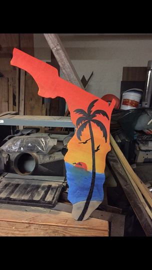 Solid Wood Hand Cut & Painted Beach Scene On The State Of Florida Out Wall Art Decor