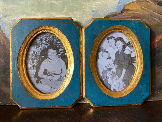 Vintage Mid Century Blue & Gold Wood Frame Set Painted Frames Colorful Picture 5" X 7" Photo