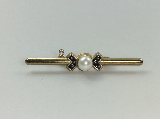 Vintage Pin Brooch Gold Toned Bar With Faux Pearl & Black Enamel Used