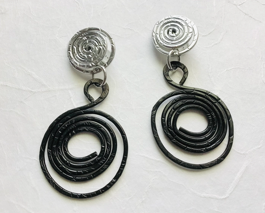 Clip-On Black & Silver Flat Hammered Textured Open/Closed Swirl Earrings