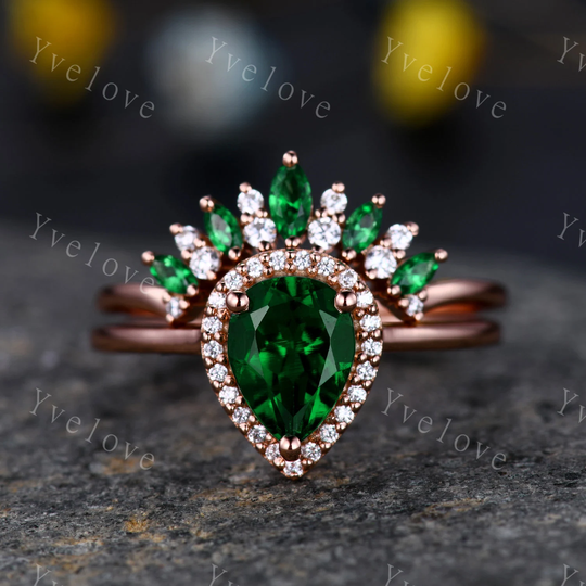 Emerald Engagement Ring Wedding Set 6x8mm Pear Cut Emerald Marquise Wedding Band Art Deco Moissanite/Diamond Matching Band