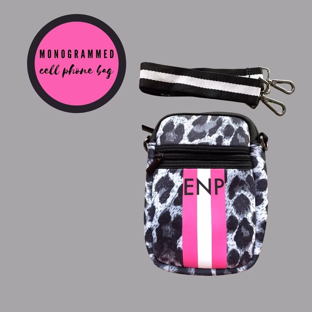 Monogrammed Neoprene Crossbody Cell Phone Bag Snow Leopard Neoprene Phone Bag, Pink Gift For Her, Personalized Gifts
