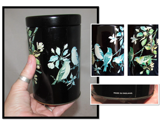 Vintage Black Toffee Tin With Lid, Birds On Branches, England