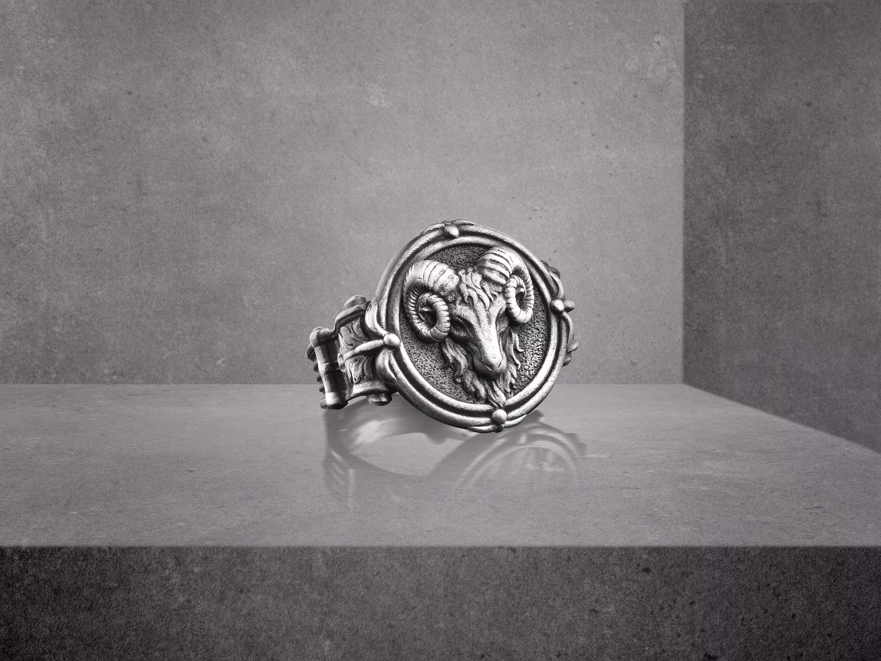 Ram Sterling Silver Signet Ring Men, Engraved Aries Mens For Husband, Animal Dad, Nature Boyfriend, Gift