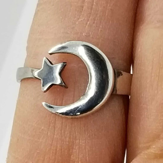 Adjustable Moon & Star Ring Vintage Sterling Silver 925 Celestial