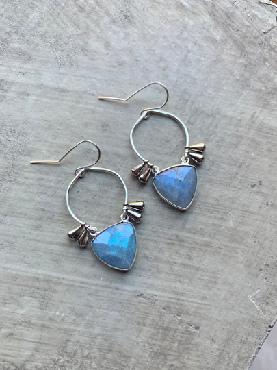Pretty Silver Labradorite Hoops, Gemstone Faceted Drops, Flashy Earrings, Beautiful Earrings