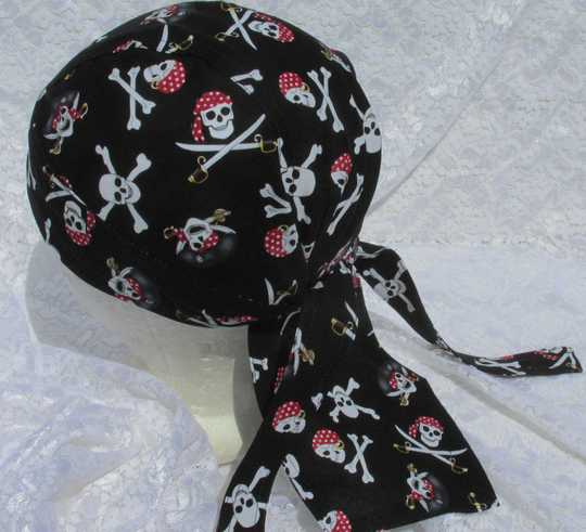 Pirate Skull Cap, Doo Rag, Chemo Hat, Cancer Chef's Hat With A Built in Terry Cloth Sweatband. Handmade The Usa