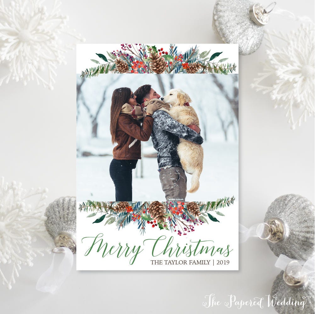 Printable Or Printed Pinecone & Branches Christmas Cards - Rustic Green Pine Photo Holiday Greenery Red Berries 032 P1