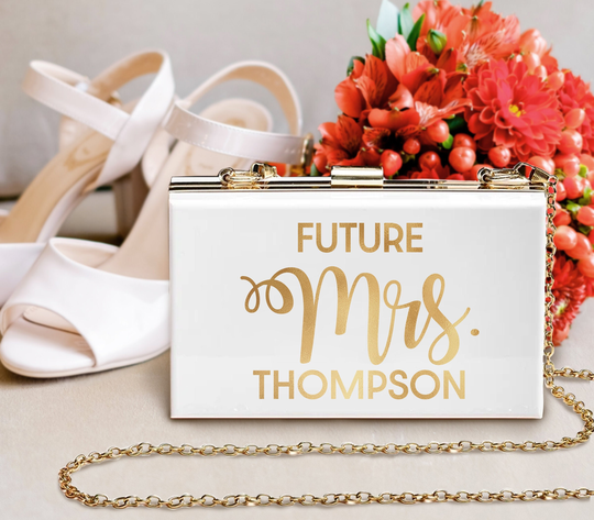 Future Mrs Clutch Purse, Bride Bridesmaid Acrylic Clutch, Custom Bachelorette Gift, Bridal Party Name
