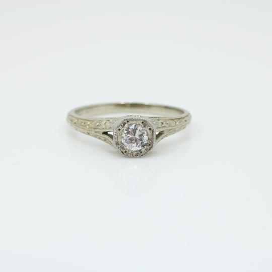 Orange Blossom Art Deco Euro Cut Diamond Engagement Ring 18K White Gold Estate Item