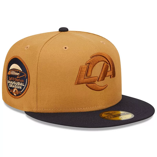 Men's New Era Tan/Navy Los Angeles Rams SoFi Stadium Inaugural Season Wheat 59FIFTY fitted hat, Size: 6 7/8, Multicolor