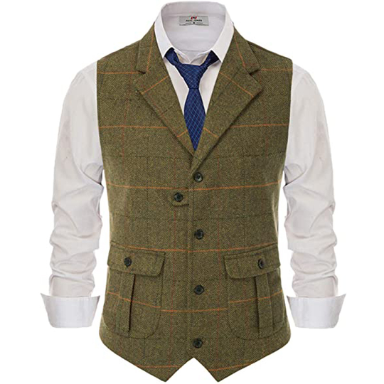 Mens Suit Vest Lapel Striped /Latticed Wool Tweed Blended Herringbone Silm Fit For Formal Casual Men's Vest Clothing 2021 - brown, custom size