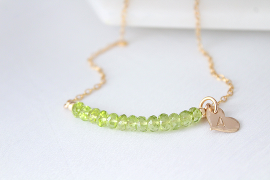 Peridot Necklace With Initial Charm, August Birthstone Jewelry, Raw Crystal Gift For Her Gemstone Bar Necklace