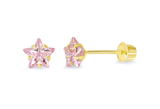 Ozzar 14K Real Yellow Gold Pink Star Stud Earrings With Screw Back