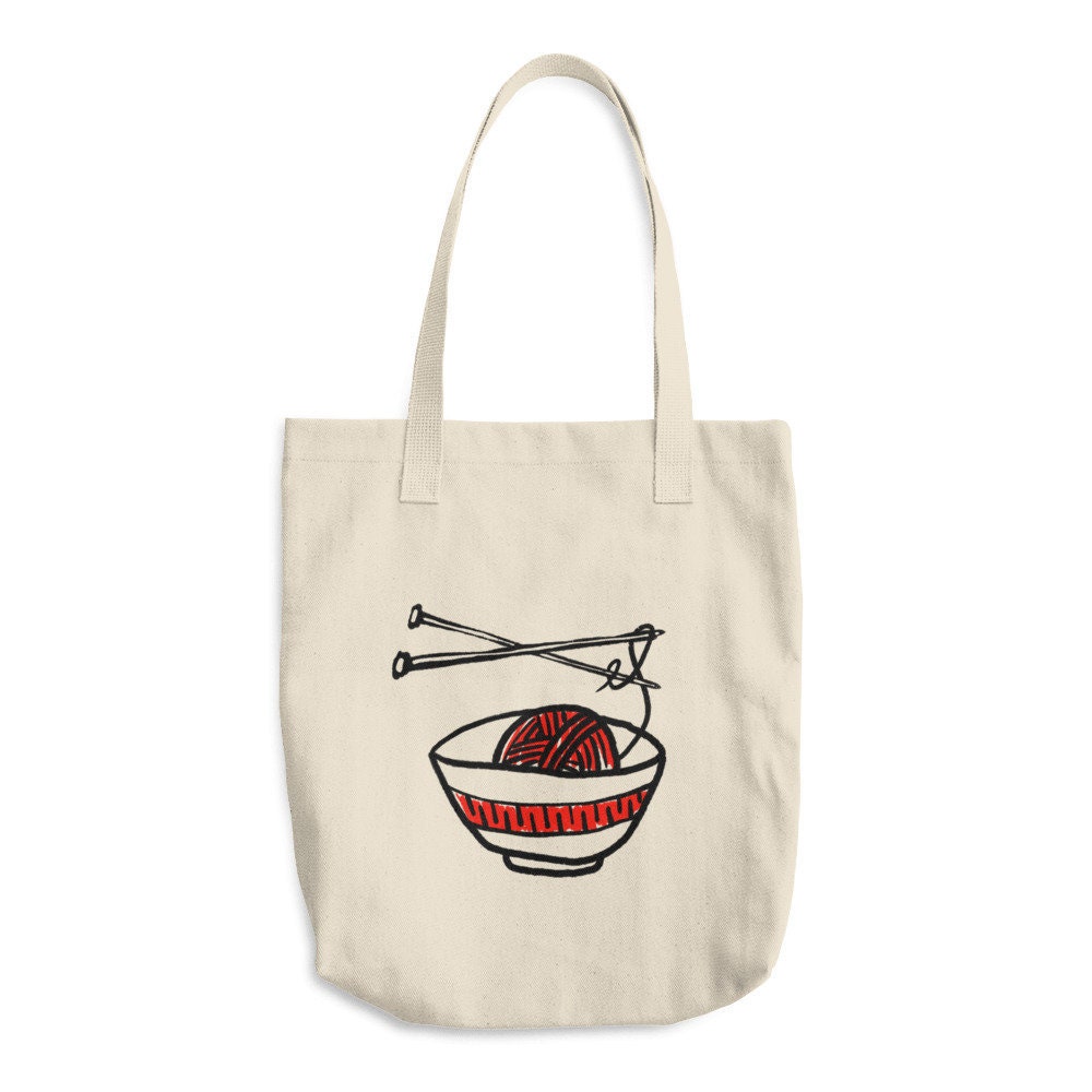 Large Tote Bag in Tough Cotton Denim With Red Yarn Bowl Design Perfect For Knitters