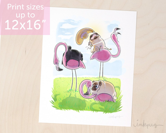 Flamingo Riders Pug Art Print, Fawn & Black Pugs Riding Pink Flamingos, Funny Art, Flamingo Cute Print By Inkpug