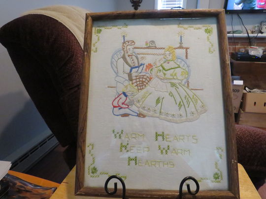 Vintage Warm Hearts Crewel/Embroidery/Cross Stitch Fiber Art