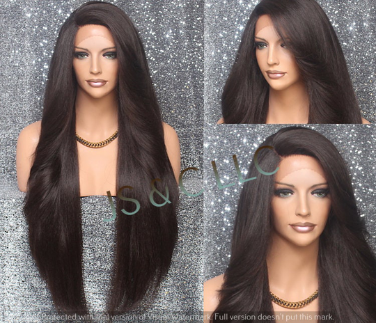 40" Extra Long Human Hair Blend Full Lace Front Wig Romantic Straight & Bangs Dark Brown Natural Mono Side Part Heat Safe