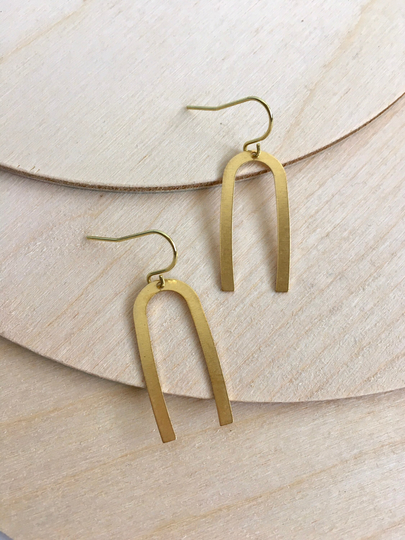 Mini Brass Arch Earrings, Modern Dainty Rainbow Dangle Minimalist U Shape Earrings Gold Boho Jewelry Gift For Her | By Just Short & Sweet