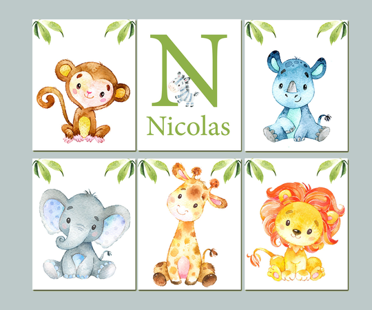 Initial Wall Art Print Set Of 6 Jungle Animals Art Decor Safari Nursery Decor, Animal Baby Boy Prints Animals