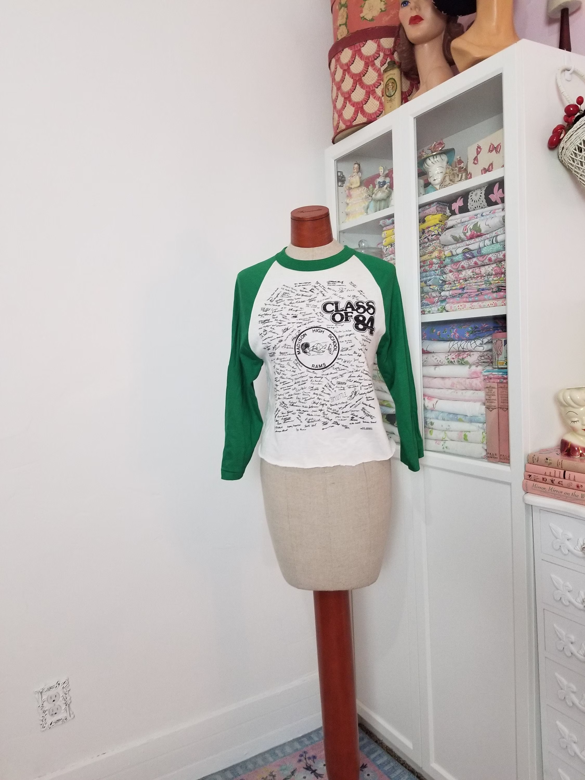 Vintage 1984 Signature High School Tee Shirt/Madison High Rams Green & White Raglan Baseball T Men's Unisex