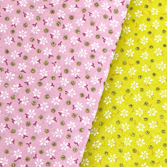 Sale Floral Dot Blender Fabric, Metallic Gold Dots, Small Daisy Flowers, Pink Yellow Cotton Quilt Sold By The Yard