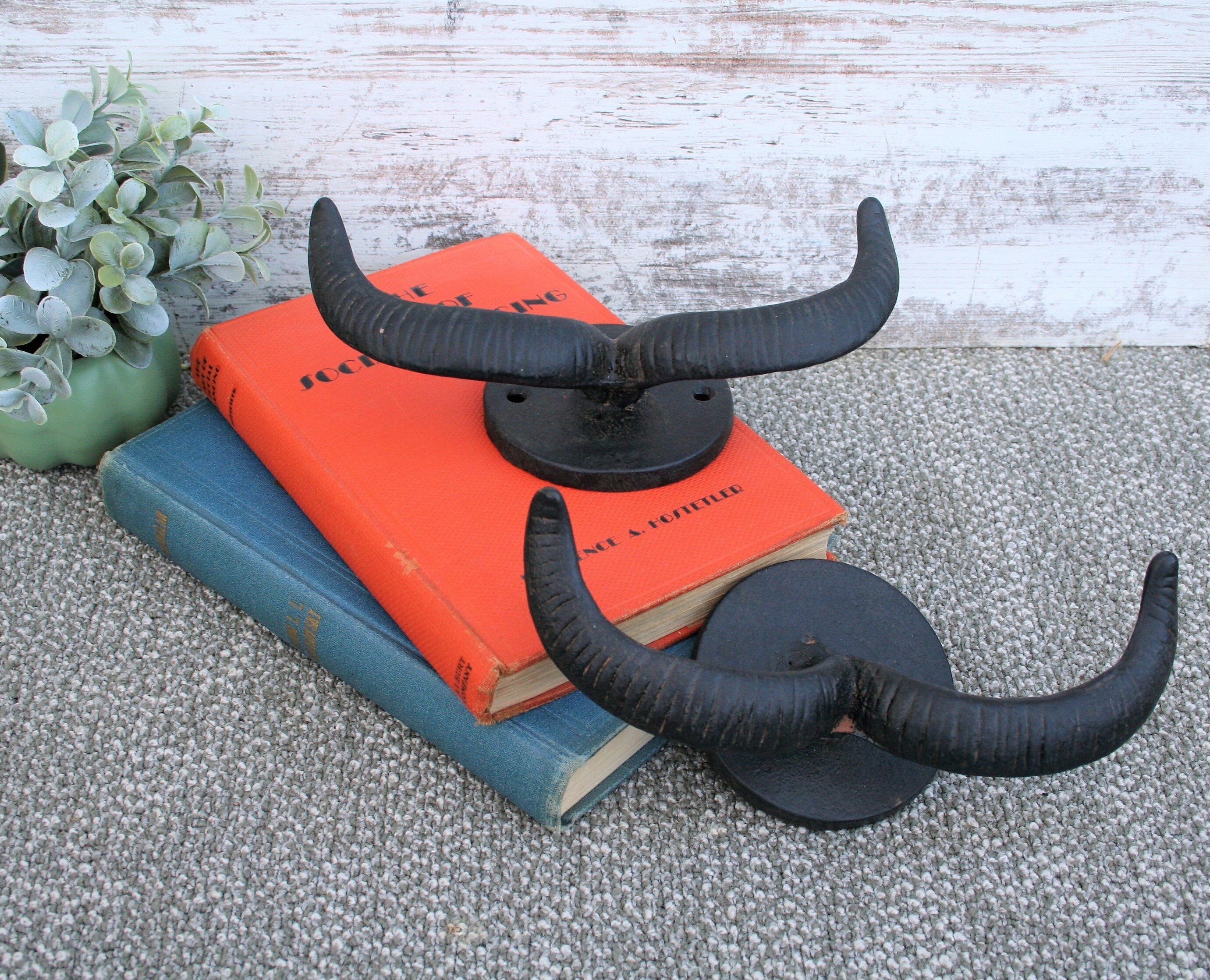 Pair Of Cast Iron Ram Horn Wall Hooks/Coat Decor