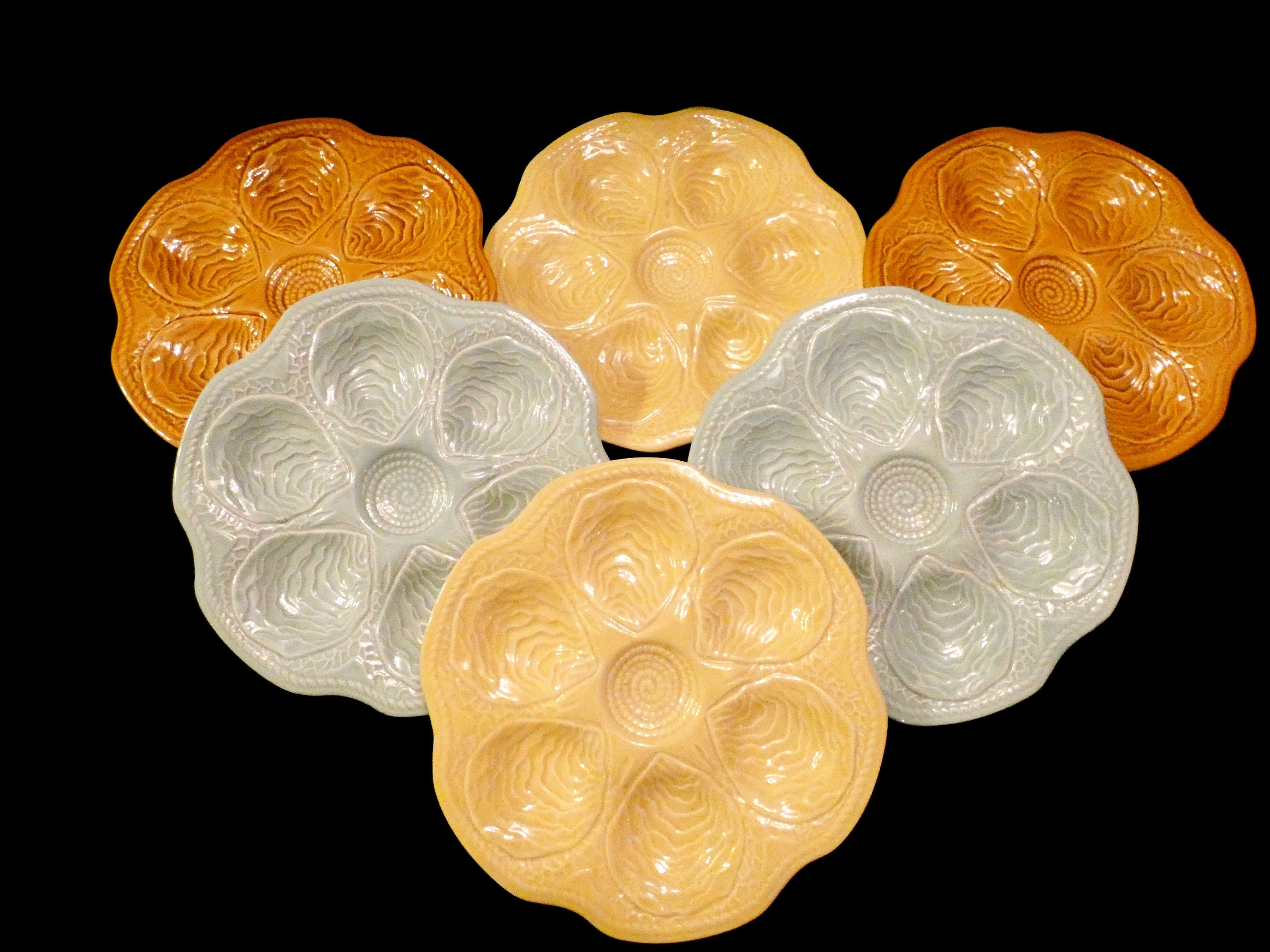 6 Antique Boch Keralux Oyster Plates, Vintage Belgian Platter, Rare Freres Dish, Belgium 1930, Seafood Serving Plate