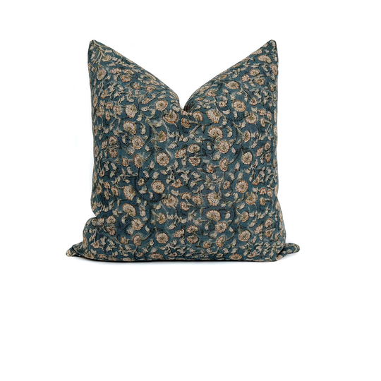 Floral Pillow Cover Cotton Linen Blend Blue Teal Brown Rustic Shabby Chic Botanical Cushion Case Sofa Throw Cozy Home Décor Isla