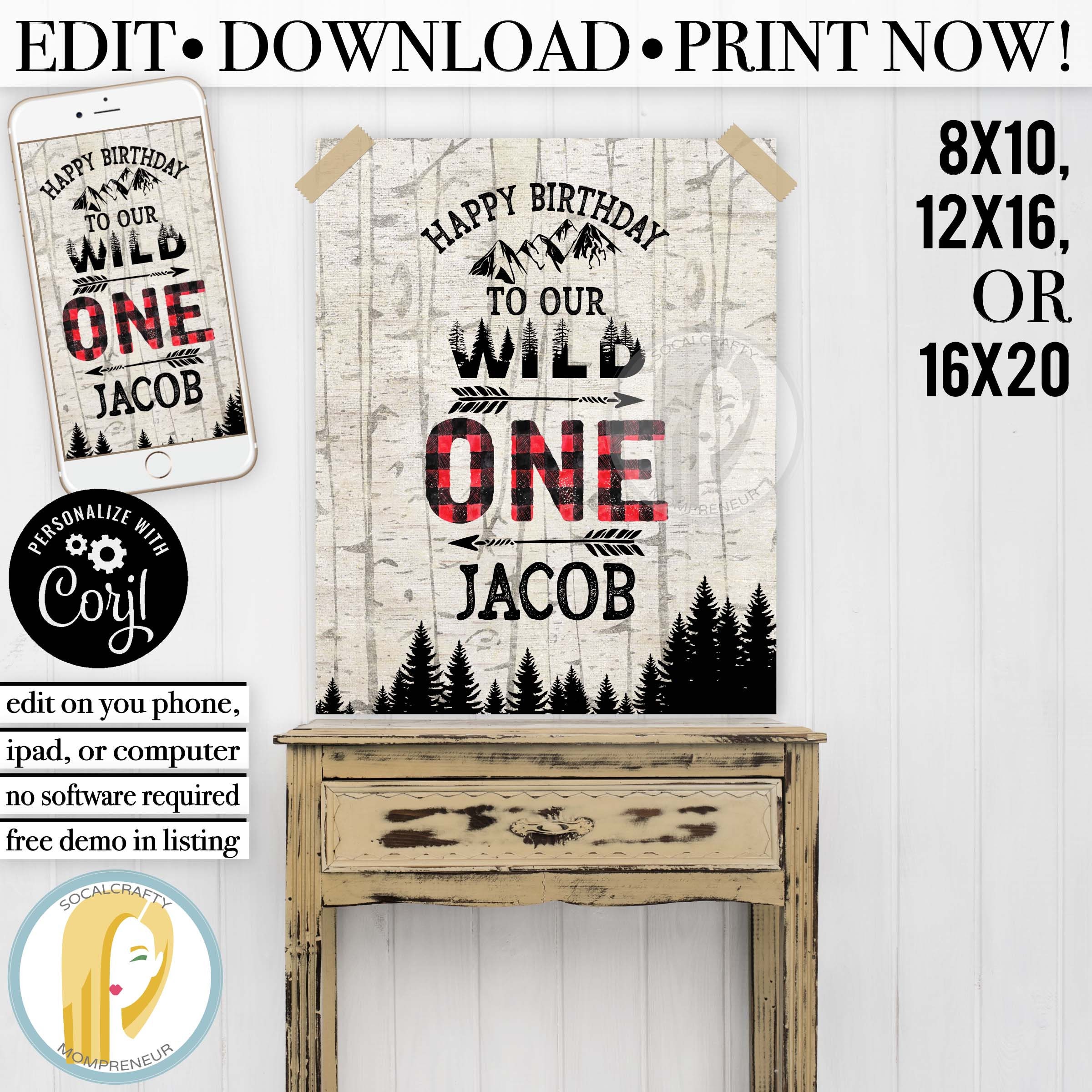 Editable Wild One 1st Birthday Party Poster/Flannel First Welcome Sign Lumberjack Plaid Print Corjl Instant Download 008