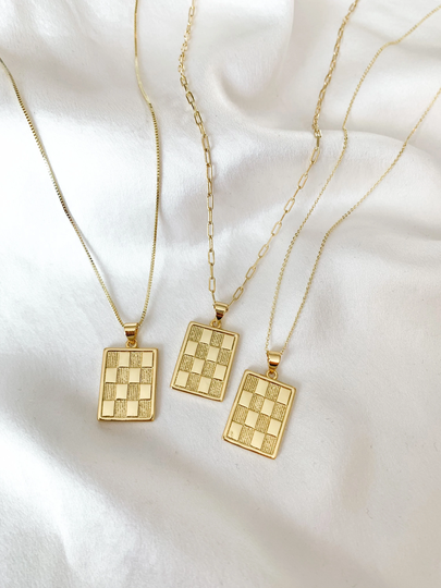 Gold Checkered Rectangular Dog Tag Pendant Necklace | Rolo, Box, Paperclip Chain Geometric Trendy Charm
