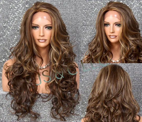 Human Hair Blend Lace Front Wig Layered & Wavy/Curly Caramel Brown Blonde Mixed Heat Ok Cancer/Alopecia/Cosplay