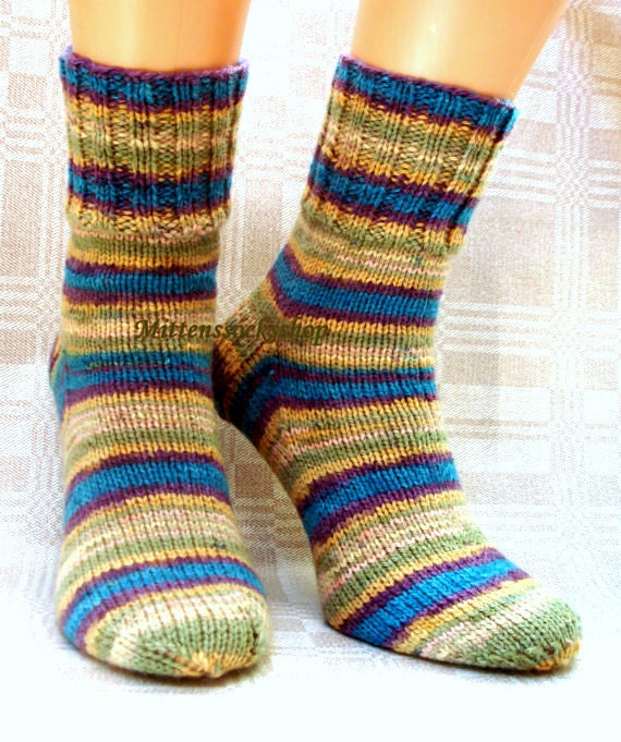 Blue Green Beige Knitted Socks Winter Striped Warm Elegant Women's Stylish Girl's Mens
