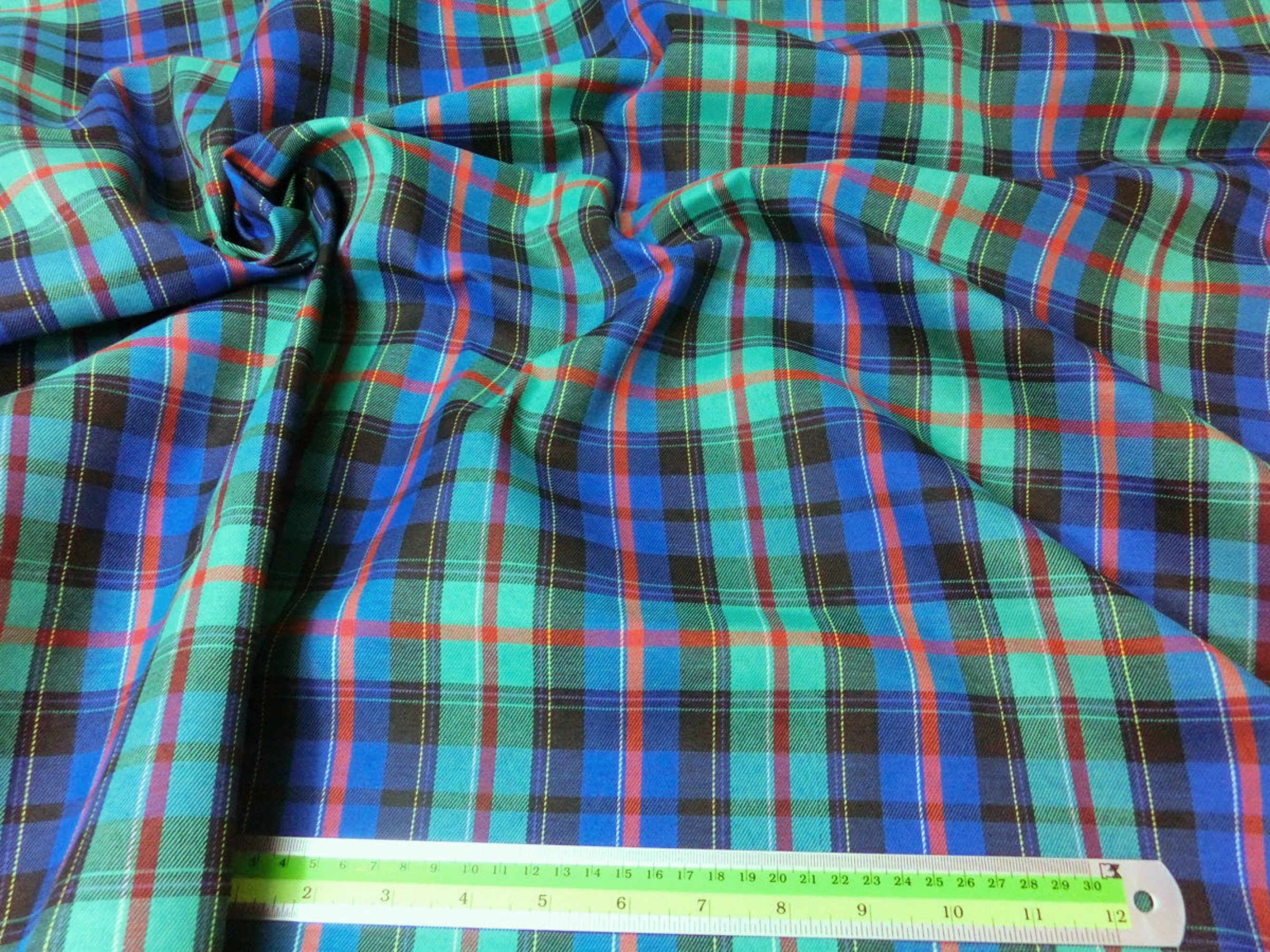 Plaid Woven Cotton Blend Fabric Green Blue Tartan, Gingham, Square For Skirts, Kilts, Tops, Shirts, Pillow Cases, Dress