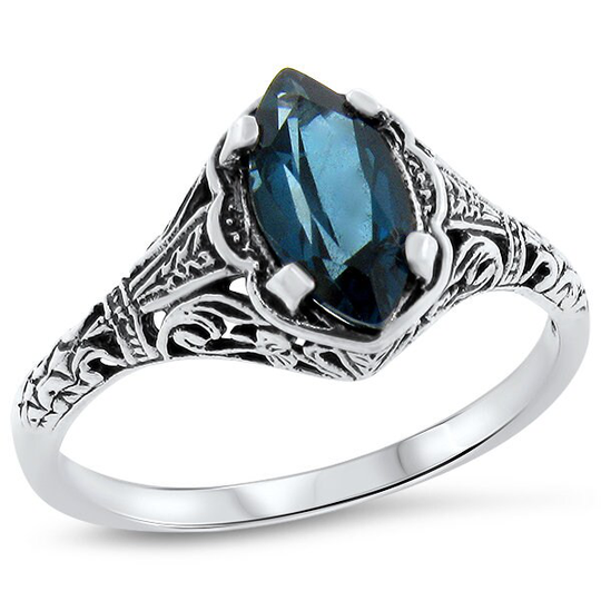 Vintage Estate Marquise Cut Natural London Blue Topaz Filigree Ring in 925 Solid Sterling Silver 708