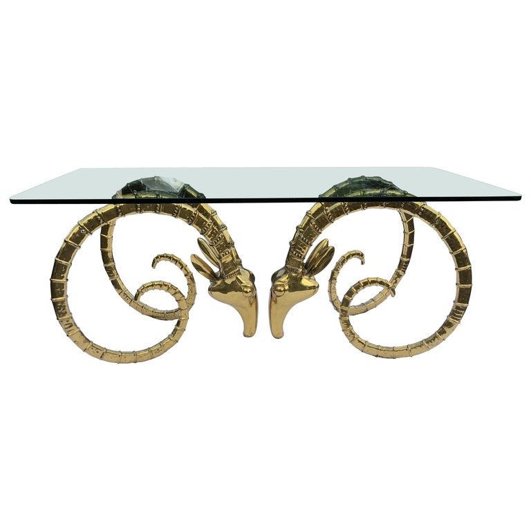 Hollywood Regency Brass Ram Head Dining Table in The Manner Of Alain Chervet