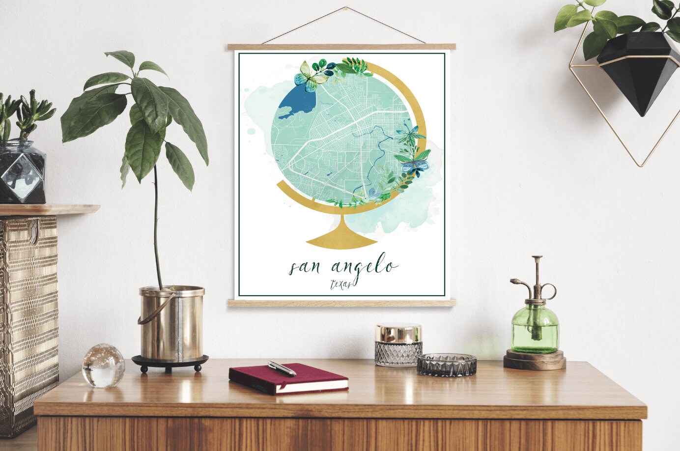 San Angelo Texas Globe Street Map | Hanging Canvas Of Printed Marketplace