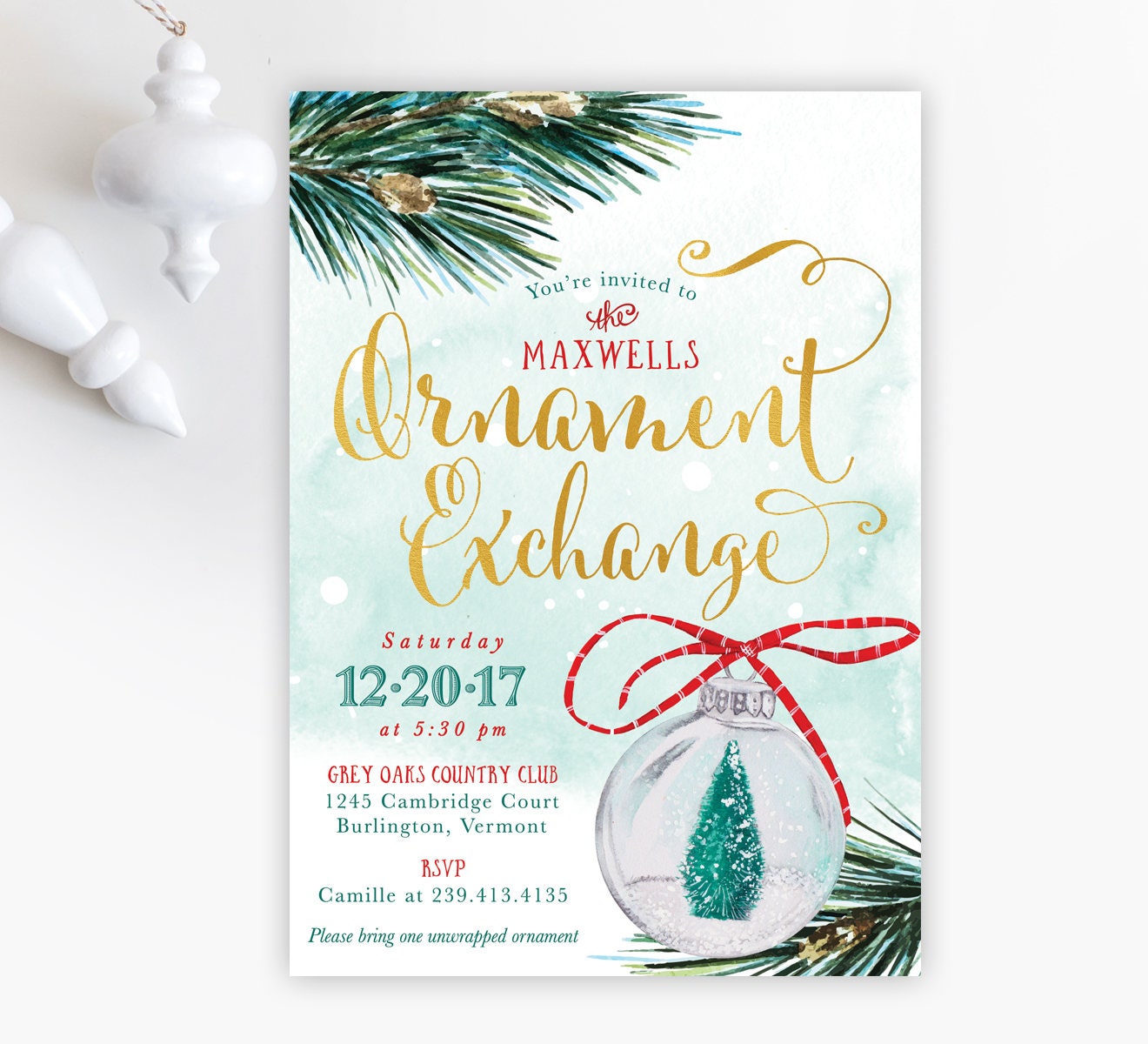 Ornament Exchange Party Invitation Holiday Invite, Christmas Invitations, Snow, Gold, Red & Green - 30